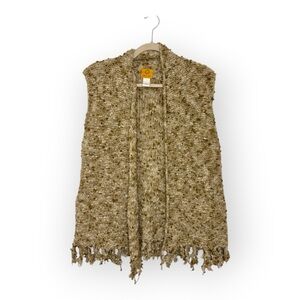 Ruby Rd Beige Chunky Knit Fringe Vest Boho Festival Open Cardigan Sweater L